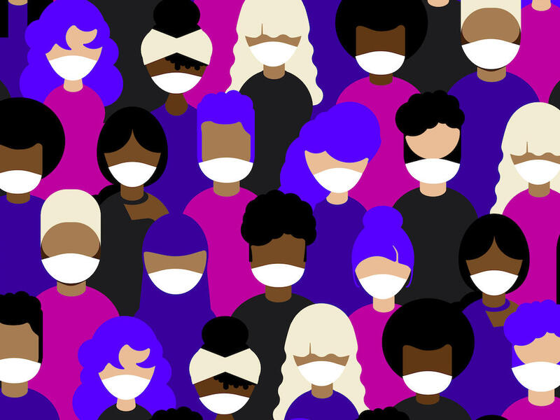 A drawing of a crowd of people wearing masks.