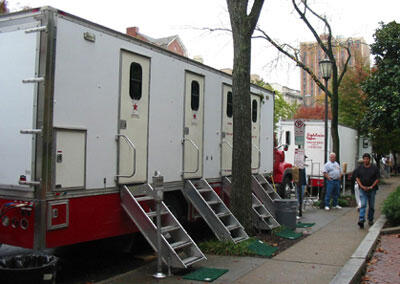 The cast and crew for the film occupied part of West Franklin Street with trucks and other vehicles, including this trailer, which housed the dressing rooms for some of the actors and actresses.

Photos by Malorie Janis, University News Services