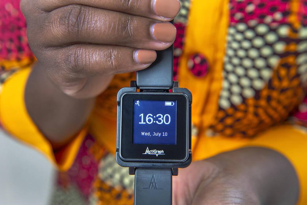 Square digital watch that measures rest and activity. 