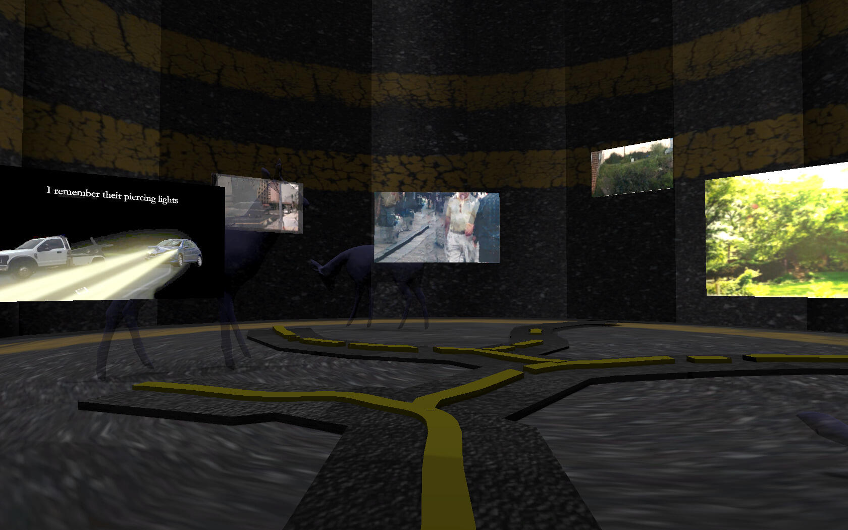 Rendition of a room with various screens with images projected on them.