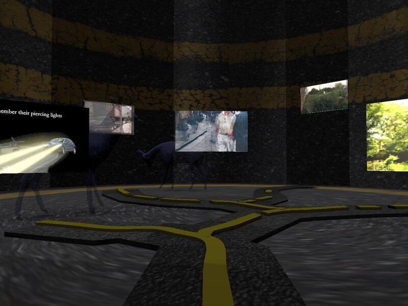 Rendition of a room with various screens with images projected on them.