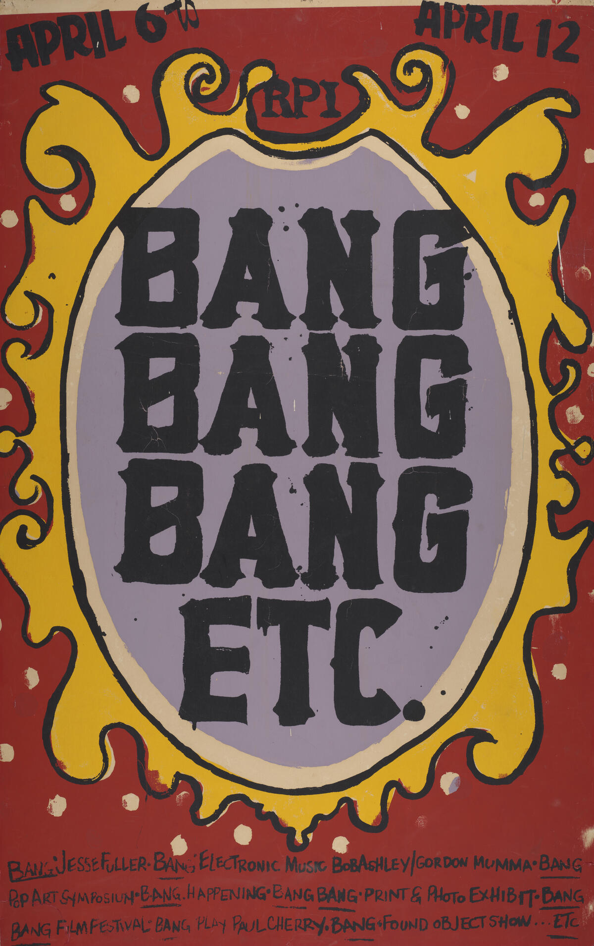 A hand-painted poster with the words \"Bang Bang Bang Etc.\" running vertically down the page.