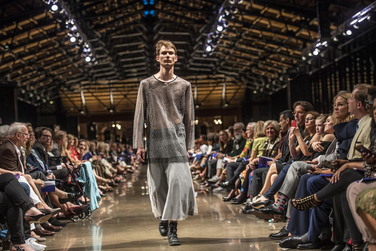 Connor Karlin incorporated mesh into his collection for the 2018 Juried Fashion Show to represent negative spaces and wires found in suspended bridges. 