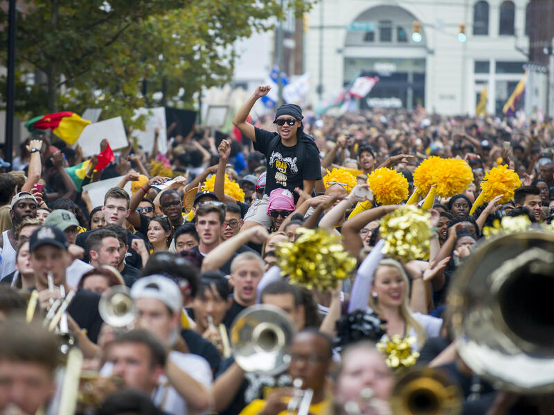 In this 2015 photo, hundreds of VCU students parade through the Monroe Park Campus for the Ram Spirit Walk.
