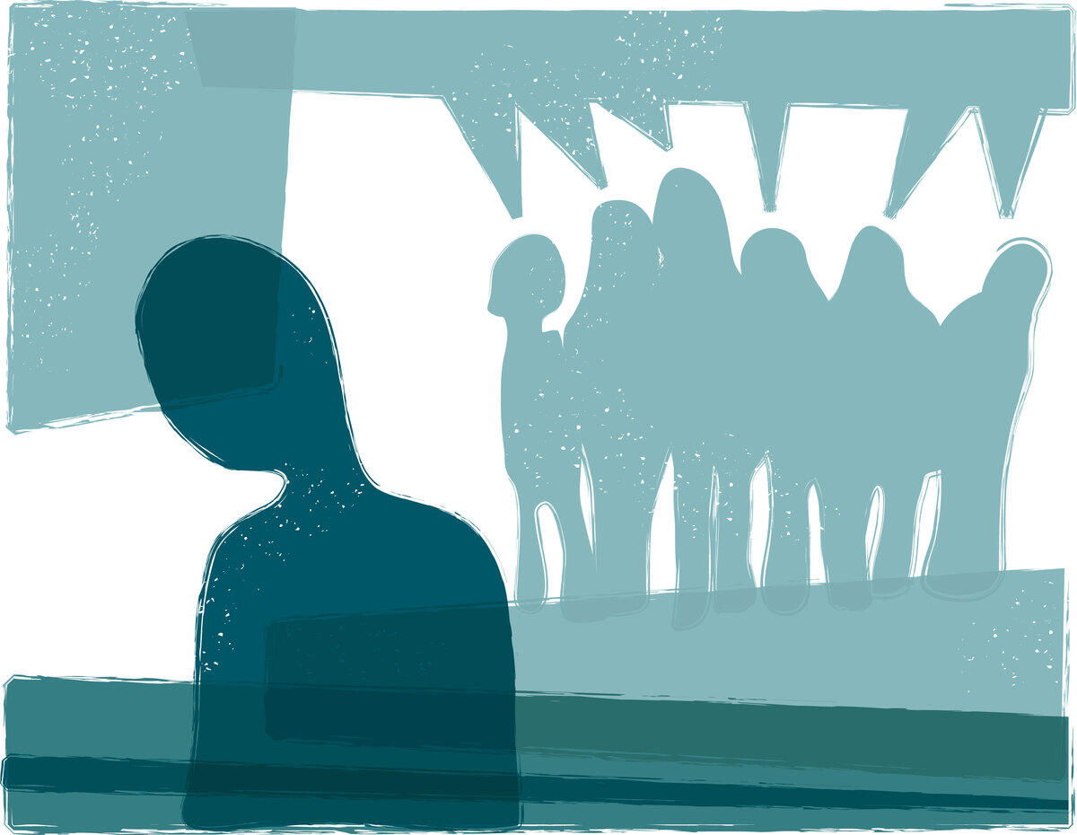 An illustration shows a lonely-looking figure in the foreground and a group of people together in the background.