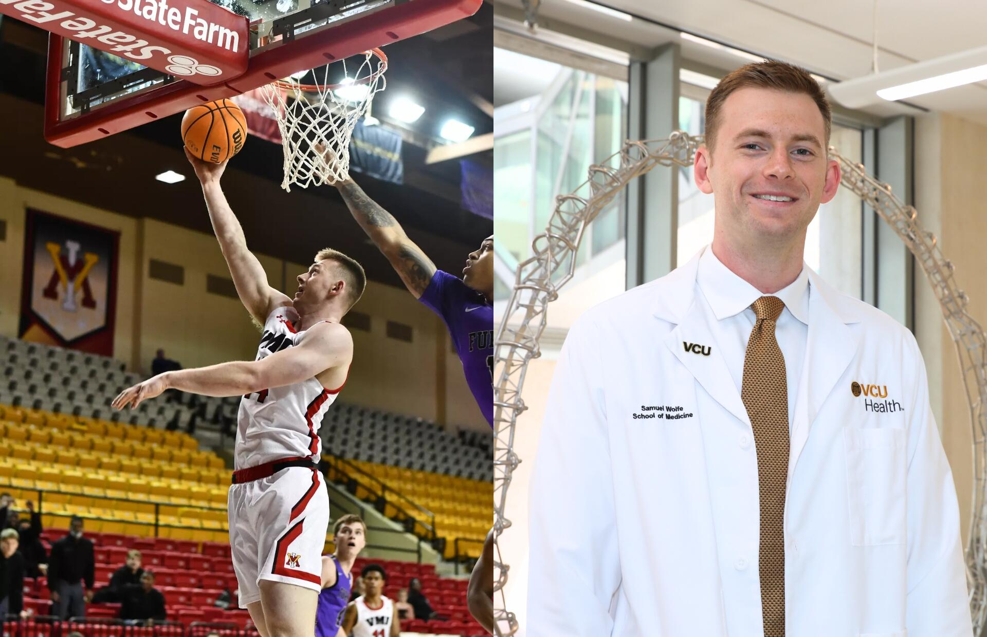 A photo of a man blocking a basketball from entering a hoop next to a photo of the same man wearing a white lab medical coat and smiling. 