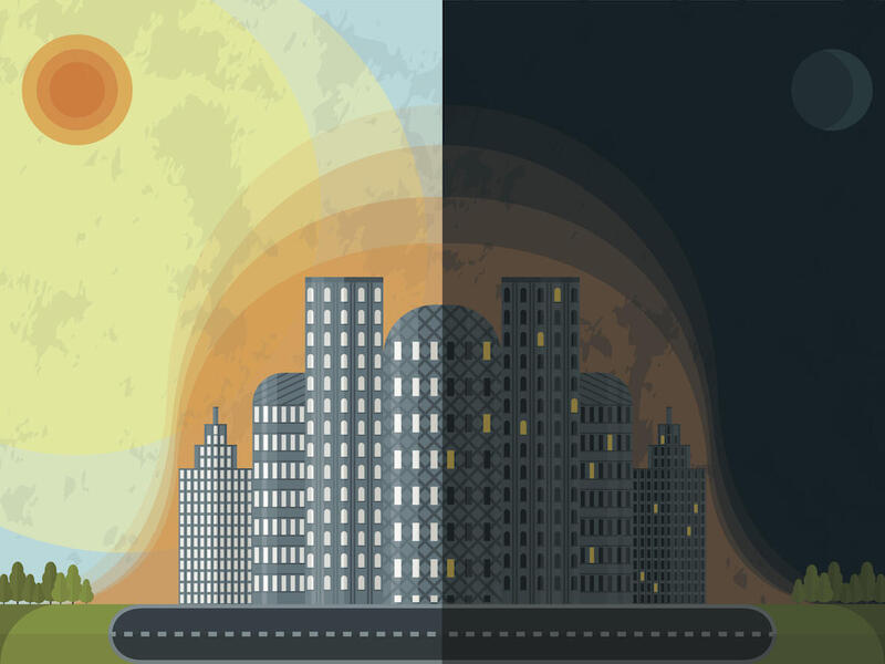 Illustration of the urban heat island effect, when the temperature in the cities is higher than in surrounding areas.