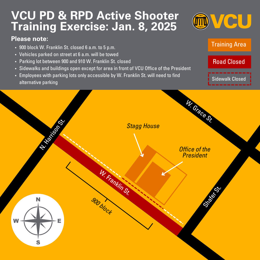 An illustration of the map where the exercise will take place. W. Franklin Street between N. Harrison St. and Shafer St. is market red indicating the street is closed. A small portion of the sidewalk on that street in front of Stagg House and Office of the President is marked red to show it is closed off as well. The tagg House and Office of the President are marked orange to indicate that they are a training area.