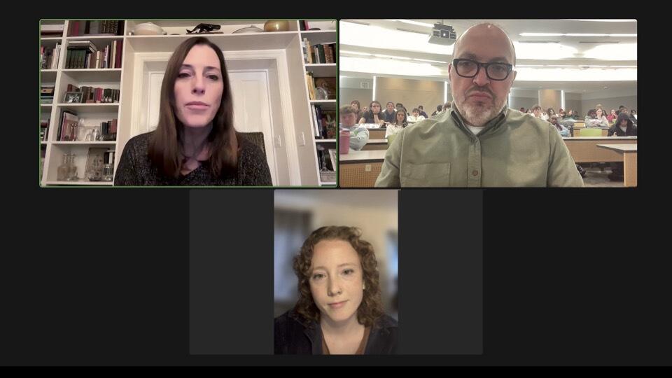 A screencap of three people on a zoom call. 