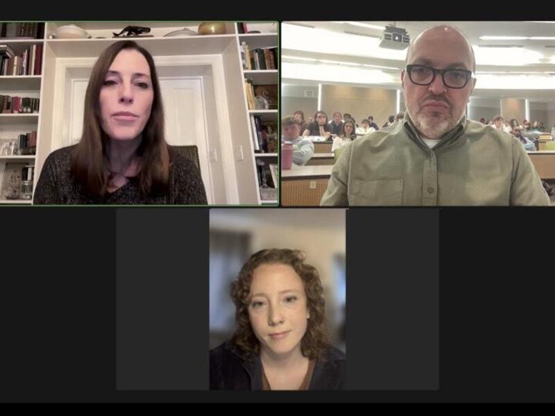 A screencap of three people on a zoom call. 