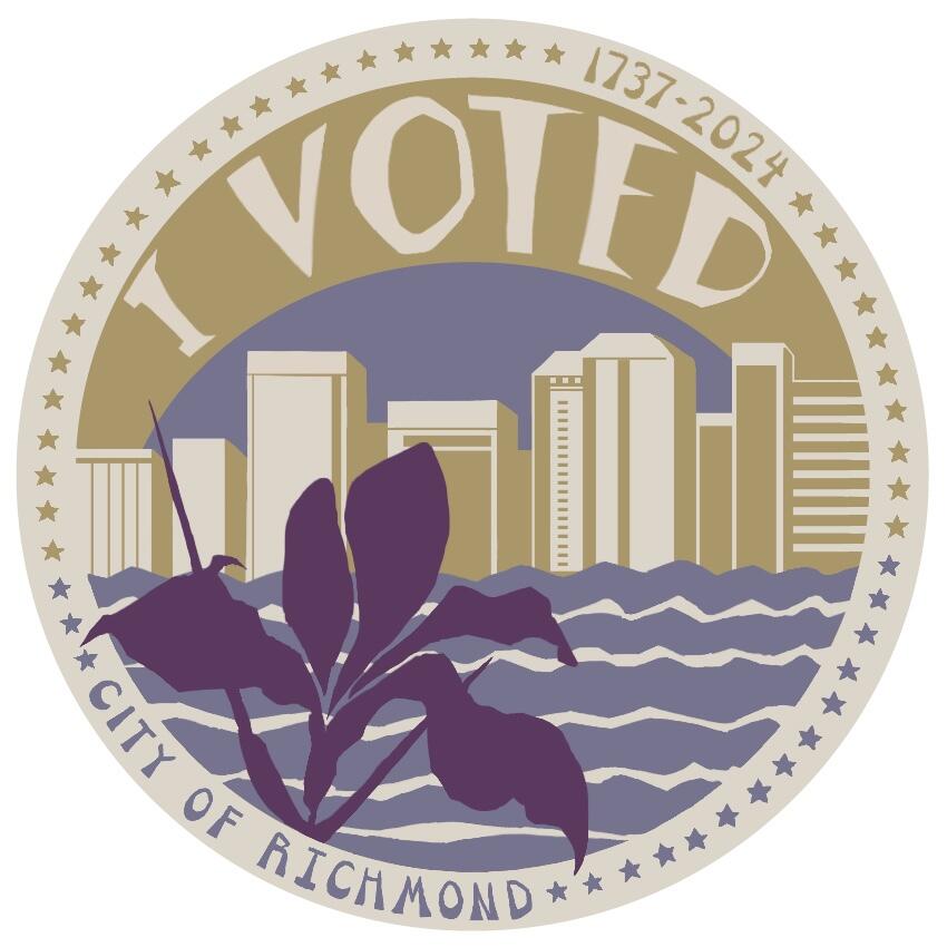 An illustration of the richmond city skyline with text that says \"I VOTED\" above the city. A circle of stars surrounds the illustration. On the top half of the circle text reads \"1737-2024\" and on the bottom half text reads \"CITY OF RICHMOND.\"