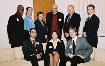 VCU’s winning team poses with judges from the competition. Front row from left: students Hulusi Zarpli, Pasant Abbas, Aaron Dale. Back row from left: student Brian Reese, judge Margaret Ray, judge Anne Hallerman, associate professor Dennis O'Toole, judge Ray Owens, and student Matthew Kona.

Photo courtesy of Federal Reserve Bank of Richmond