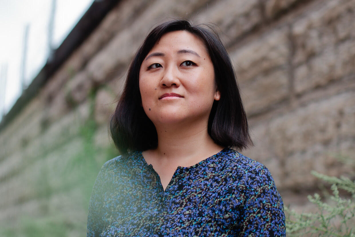 The cover of Ling Ma's novel on the left with a portrait of Ling Ma on the right.