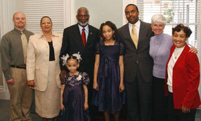 From left: Tom Brunner, family nurse practitioner and coordinator of VCU's pediatric sickle cell program, LaVern Fitzgerald, Amelia Fitzgerald, 6, sickle cell patient, Dr. David Satcher, Amanda Fitzgerald, 12, sickle cell patient and pediatric spokesperson for the Florence Neal Cooper Smith Initiative, Terone Greene, chair of FNCS Initiative, Jene Radcliffe-Shipman, manager, Virginia Sickle Cell Awareness Program, and Florence Neal Cooper Smith, regionally and nationally recognized pioneer of sickle cell awareness, held discussions on efforts to fund sickle cell research and establish an endowed professorship at the university.