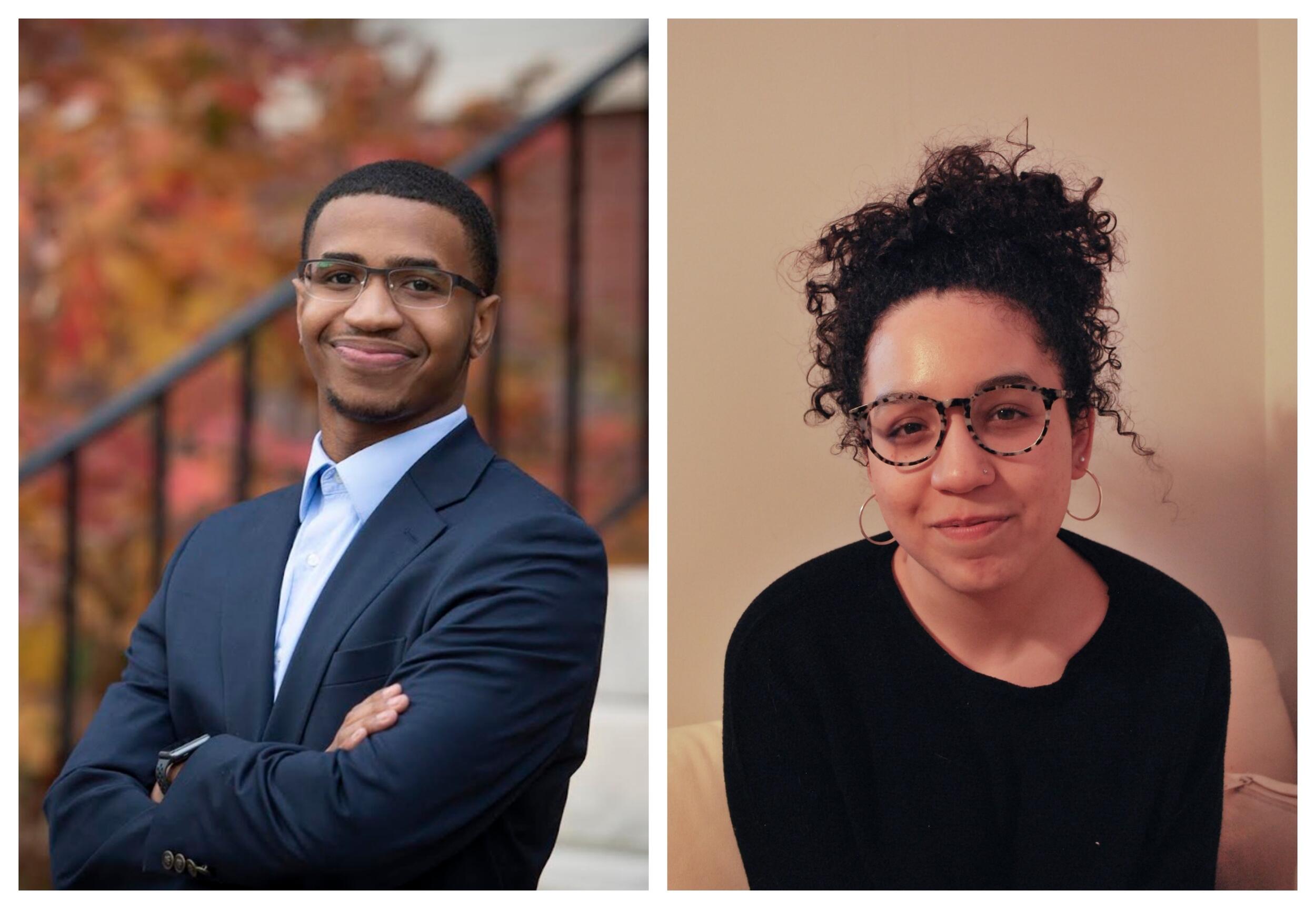 A photo of a man with his arms across his chest on the left, and a photo of a woman with glasses on the right. 
