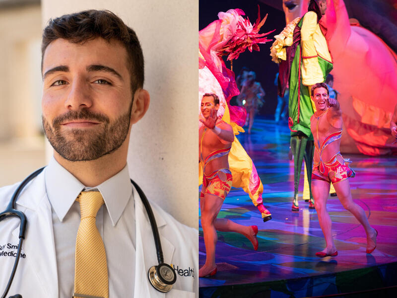 Two photos side by side. On the left is a photo of a man wearing a medical coat, button-up shirt, a yellow tie, and a stethoscope. On the left is a photo of three men walking across a stage wearing colorful shorts. 