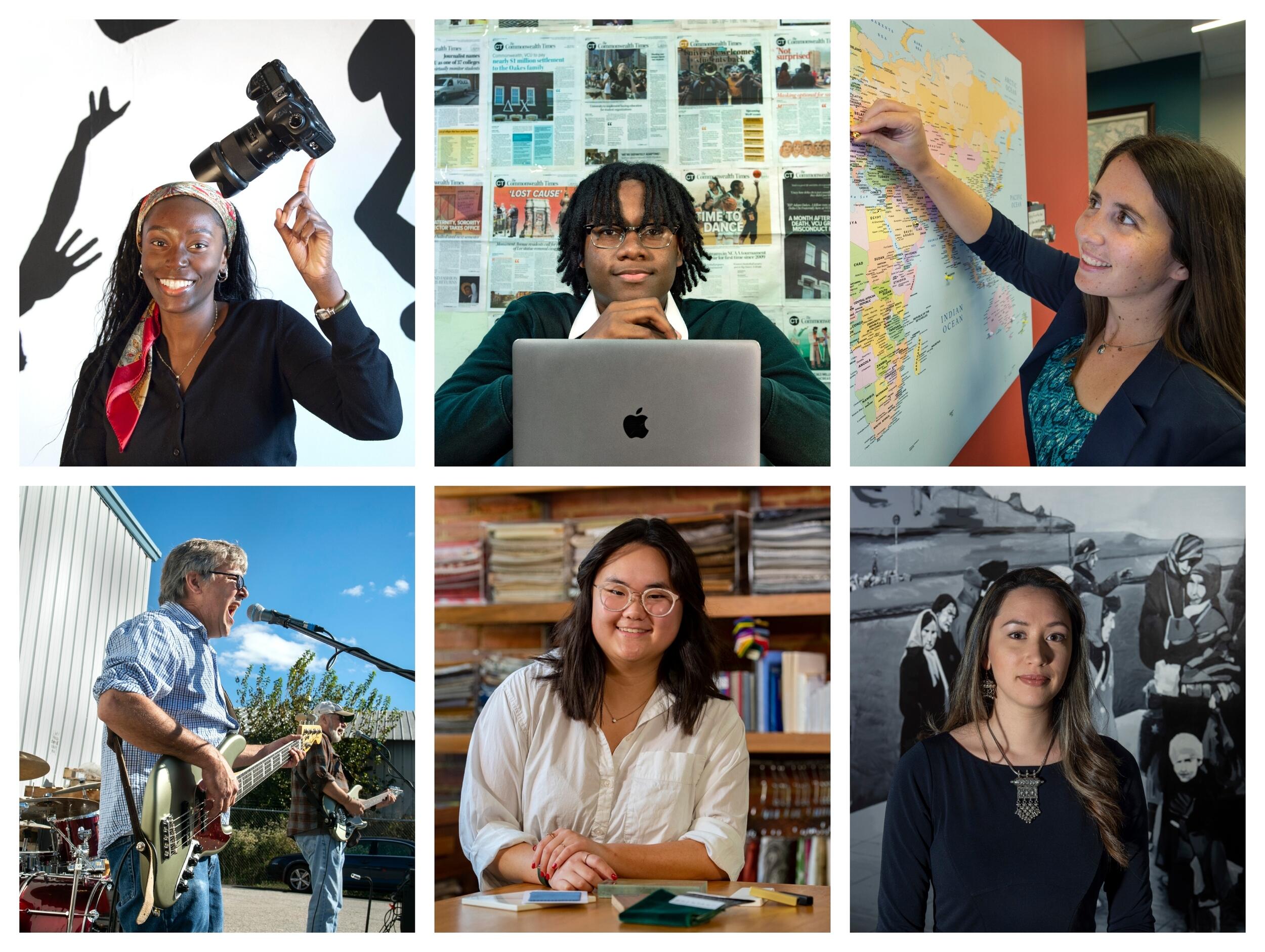 Two rows of three images showing VCU students, faculty and staff.