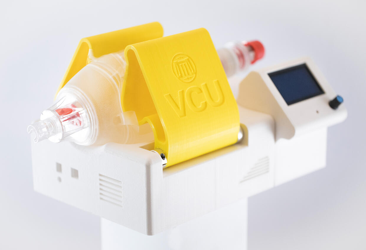 A hand-pumped bag valve mask.