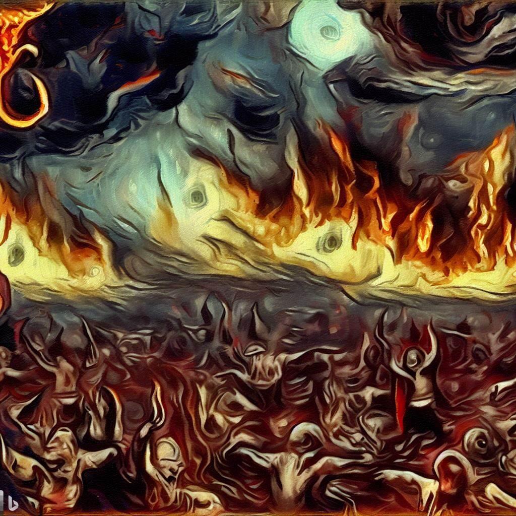 An illustration with colorful swirls that looks like a burning landscape 