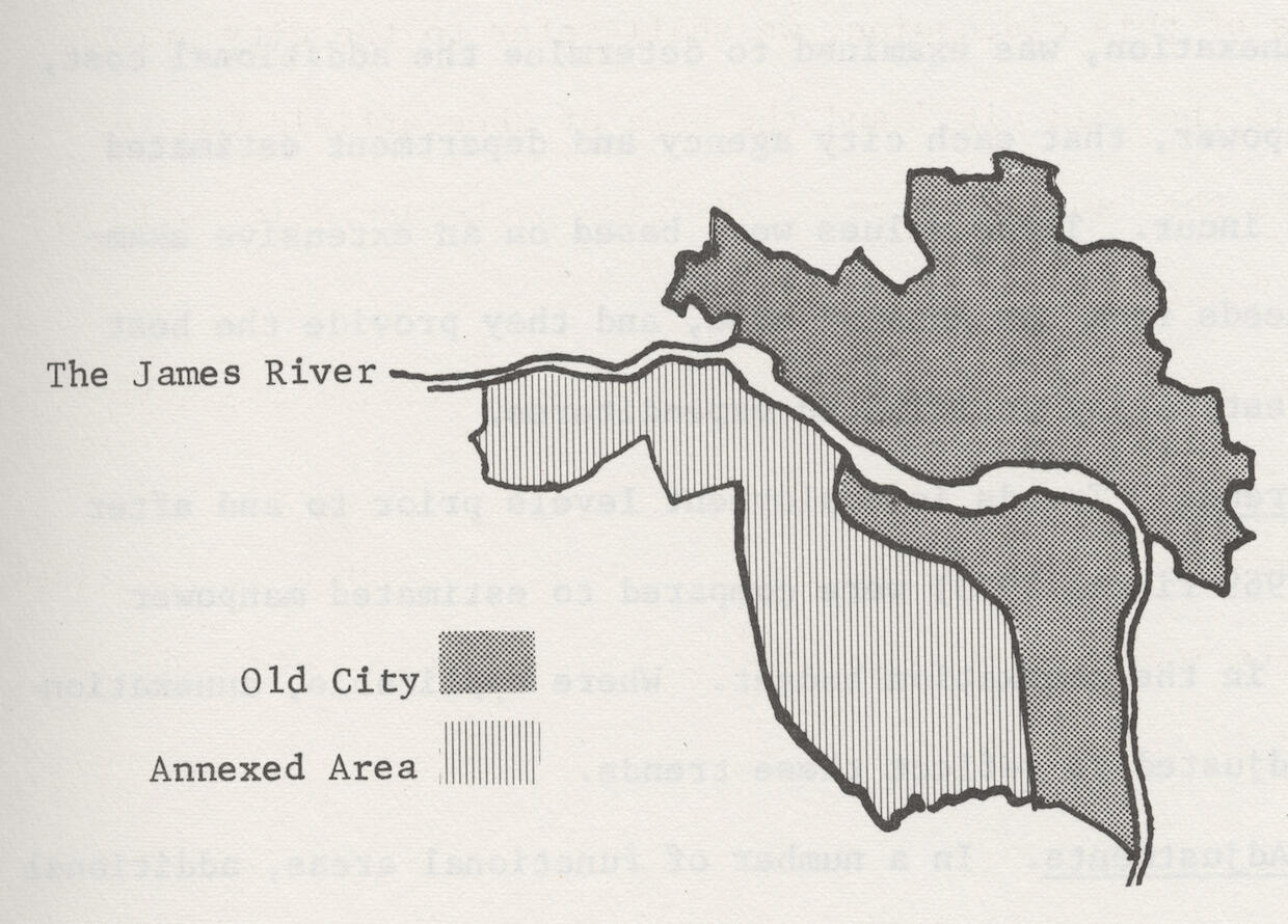 The dilution of the African-American vote was the purpose of the controversial 1970 Chesterfield County annexation. Pictured, the dark area represents the existing city limits at the time, and the striped section marks the annexed area, which added more than 40,000 white voters to the city of Richmond.
<br>Courtesy of Special Collections and Archives, James Branch Cabell Library, VCU Libraries.