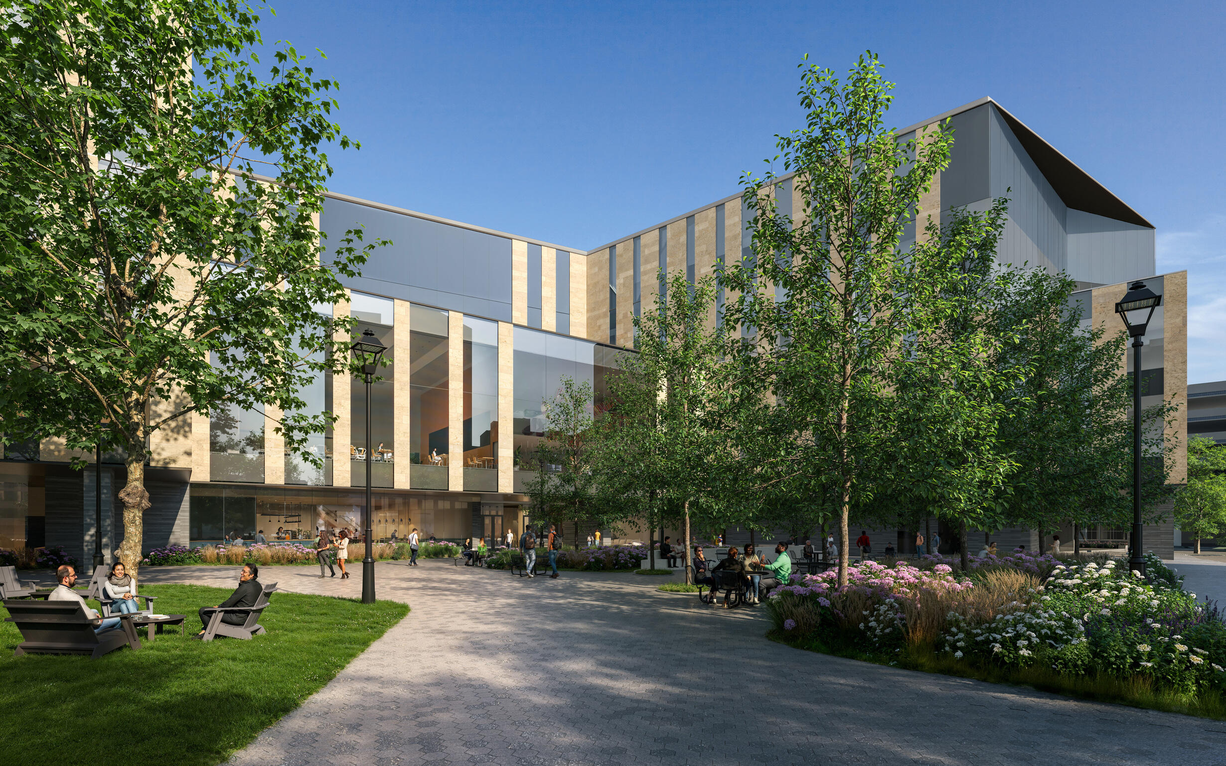 A 3 rendering of a multistory building with trees and a stone walkway out front. 