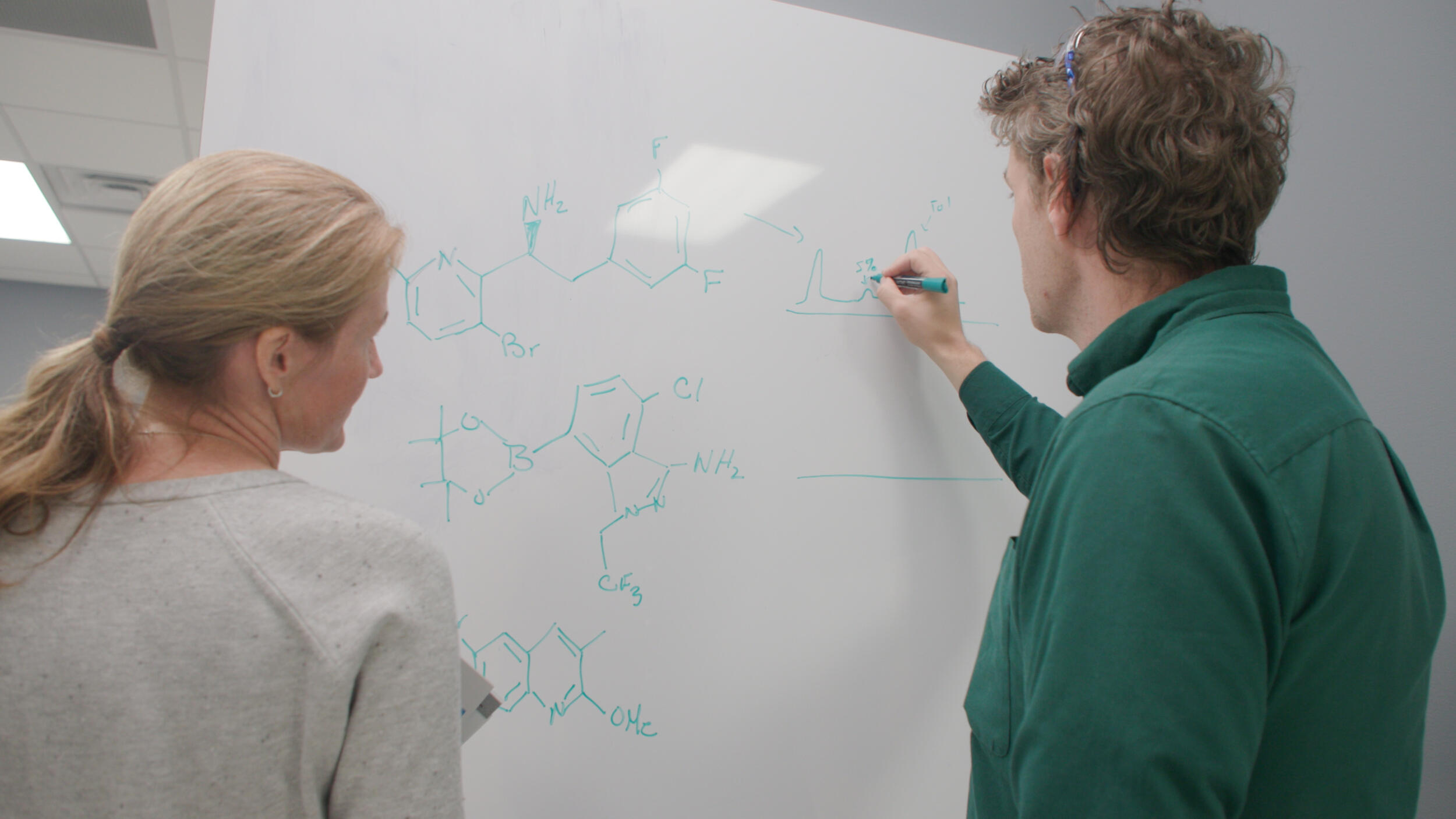 A photo of two people drawing cell chains on a white baord. 