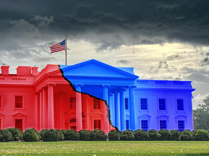 A photo of the White House, but half of the White House is red and half of the White House is blue. 