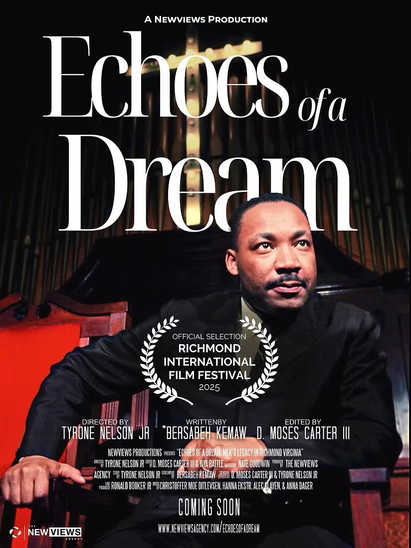 A photo of a movie poster with Martn Luther King Jr. Sitting in a chair. White text reads \"Echoes of a Dream.\"