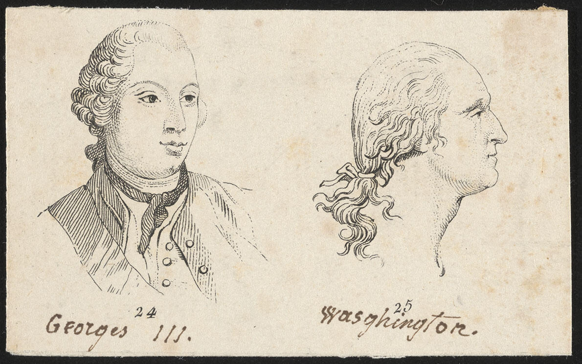 Two black and white illustarations. The illustration on the left is of a bust and has black text underneath that reads \"Georges 24 111.\" The illustration on the right is a profile view of a man's head and says \"Washington. 25\" 