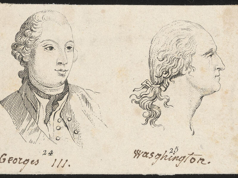 Two black and white illustarations. The illustration on the left is of a bust and has black text underneath that reads \"Georges 24 111.\" The illustration on the right is a profile view of a man's head and says \"Washington. 25\" 