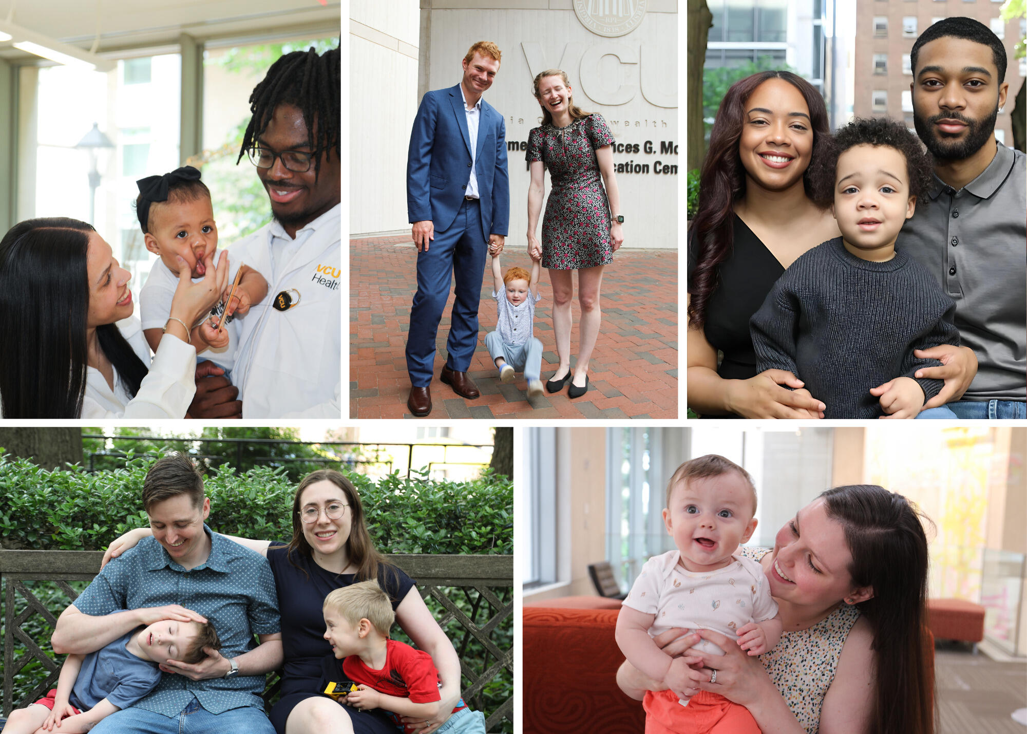 A collage of five photos showing families. The first photo shows a mother standing to the right of a father who is holding a baby. The mother is using one hand to lightly squeeze the baby's cheeks so they have kissy lips. The second photo shows a man and woman holding the arms of a small child who is dangling near the ground. The third photo shows a child standing between a sitting man and child. The fourth photo shows a man, woman, and two little boys sitting on a bench. The boy sitting next to the mam is laying with is eyes closed while the man is smiling and has the kid's head between his head. The other little boy is leaning over the woman's lap and laughing at what the man and the other boy are doing. The woman is sitting smiling with her arm across the man's back. The fifth photo shows a woman holding a smiling baby. 