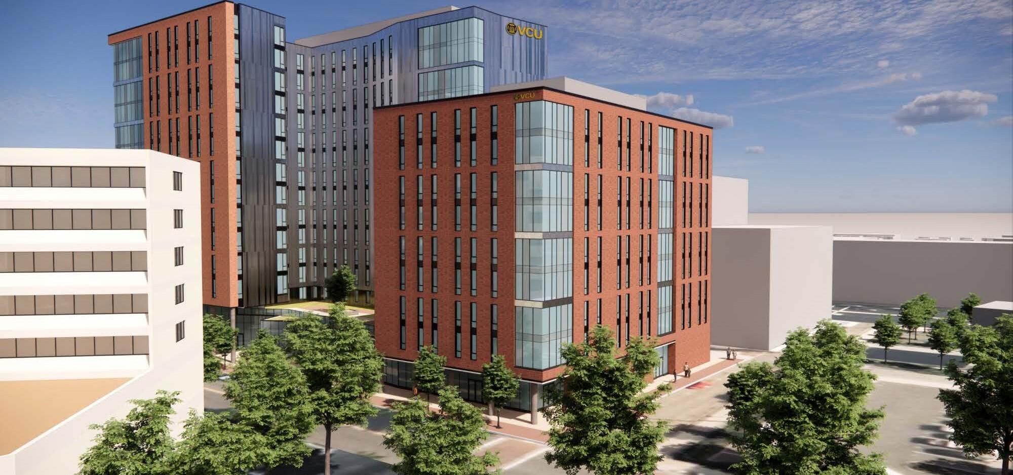 A 3D rendering of three multistory buildings. 