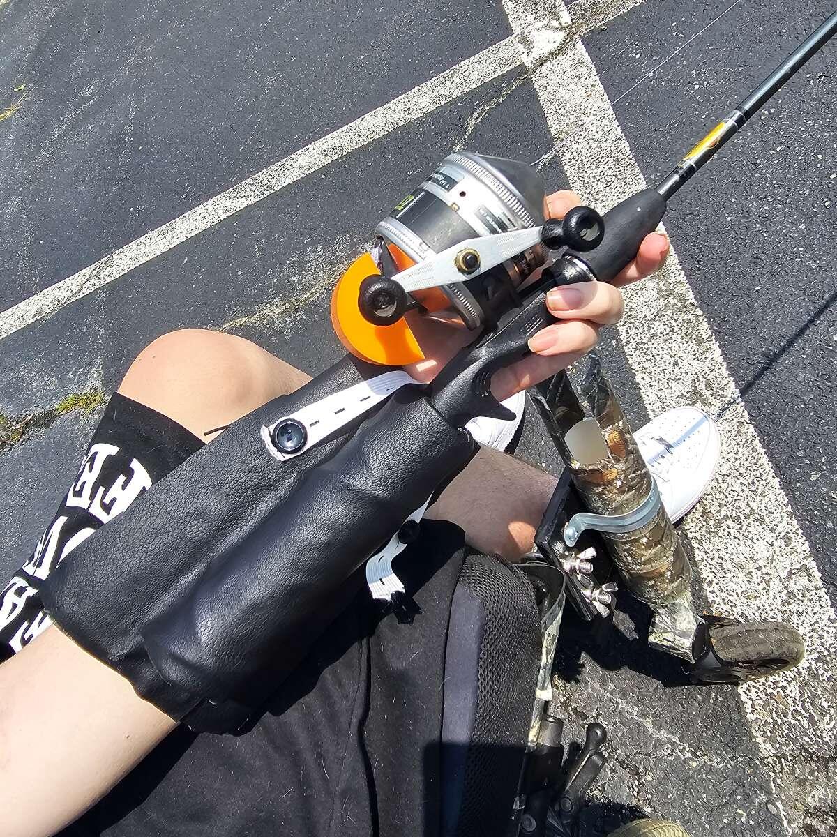 A close-up view of a modified fishing rod.