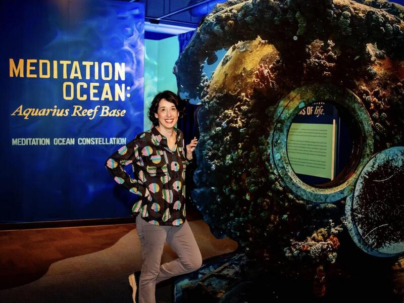 A woman stands in front of an exhibit with a sign reading \"Meditation Ocean: Aquarius Reef Base\"