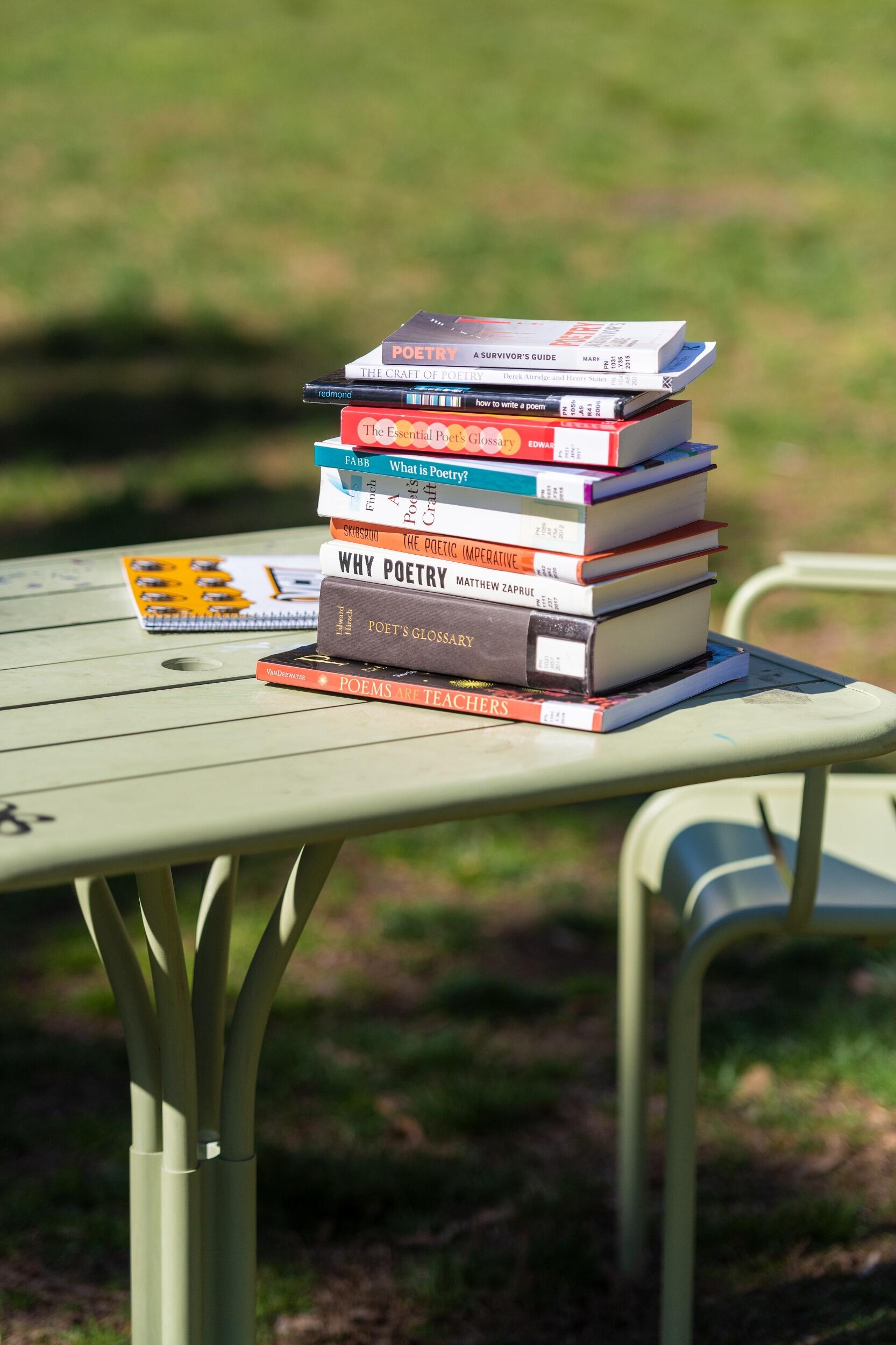 A stack of books sitting on a desk