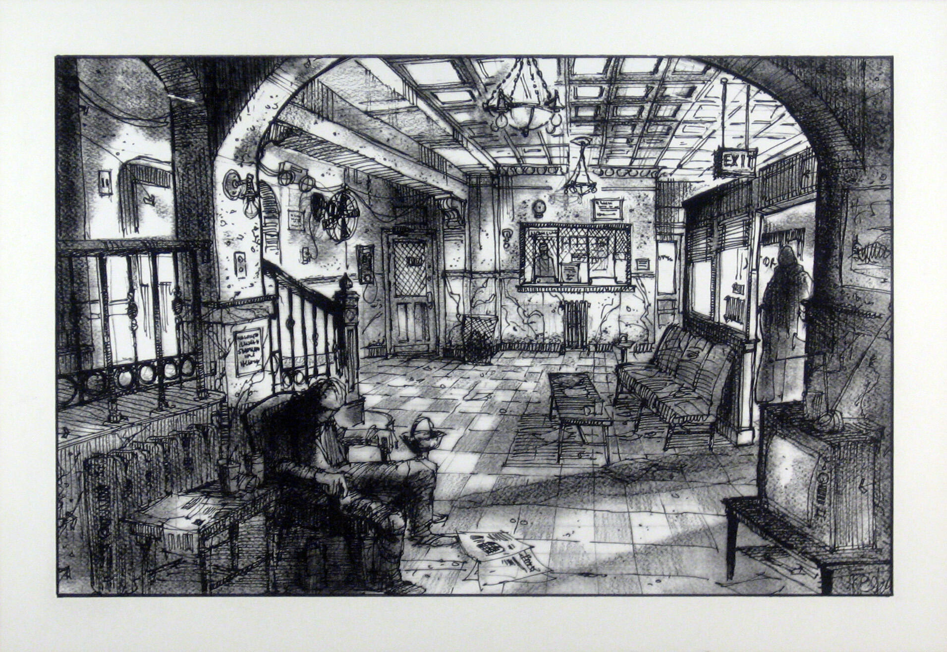 A black and white illustration of a crime scene. 