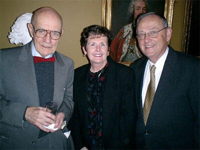 VCU President Dr. Eugene P. Trani and his wife, Lois, visit with VCU Nobel laureate Dr. John Fenn in Stockholm, Sweden. Dr. and Mrs. Trani attended Dr. Fenn's Nobel Lecture, "Electrospray Wings for Molecular Elephants." Dr. Fenn received the 2002 Nobel Prize for chemistry Dec. 10.

Photo courtesy of Eugene P. Trani