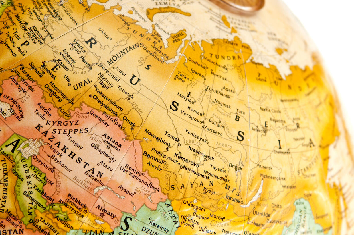 A globe map focusing on the country of Russia.
