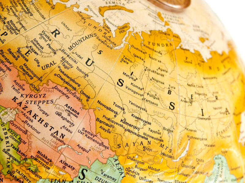 A globe map focusing on the country of Russia.