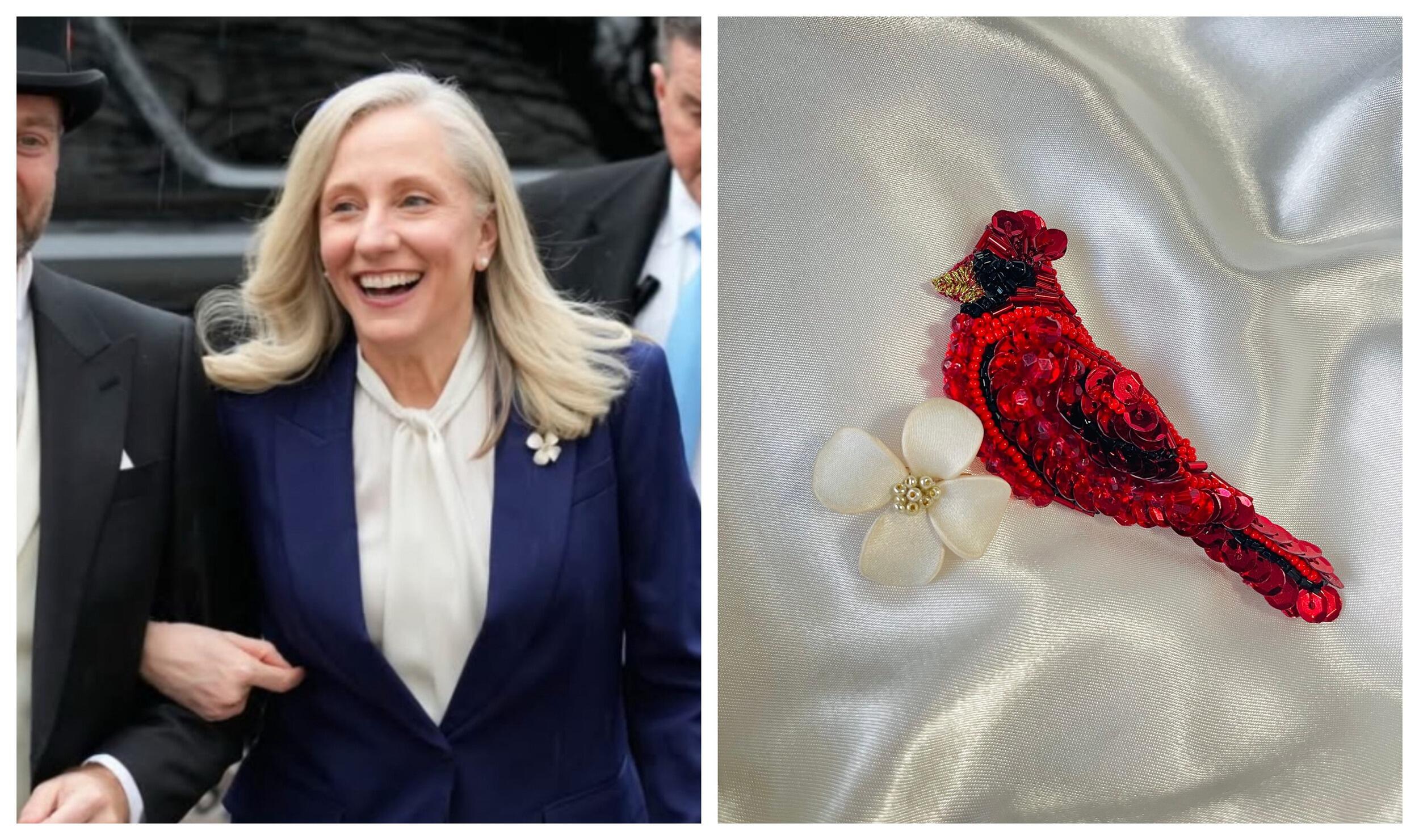 Two photos side by side. On the left is a photo of a woman from the chest up wearing a sports coat with a booch on it. On the right is a close up of the brooch, which is a white dogwood flower. Above the flower is a brooch of a red cardinal. 