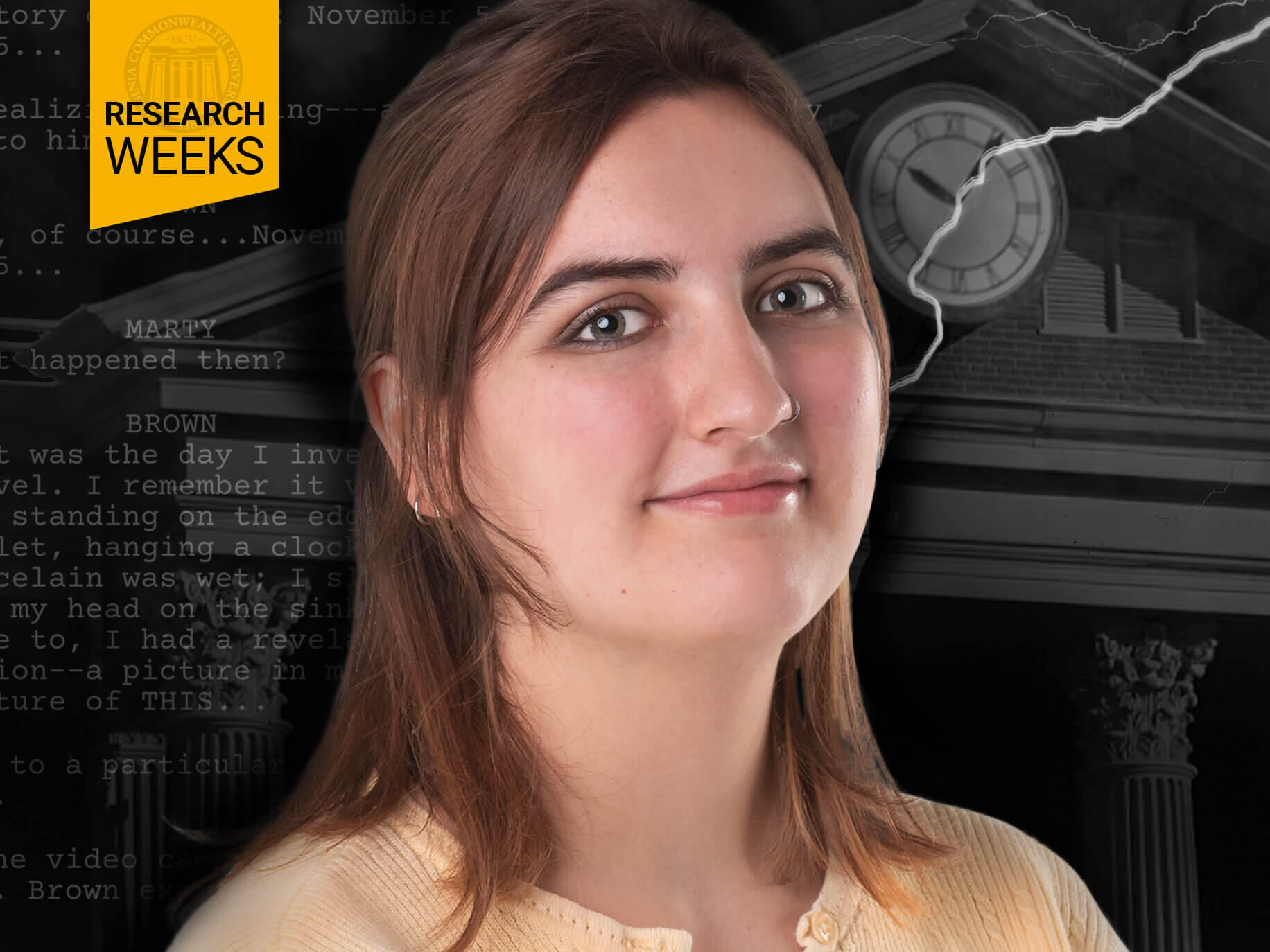 Audrey Enge with a clock, building and lightning bolt behind her. In the upper left corner is a yellow box that says \"researchw weeks.\"