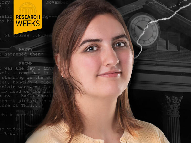 Audrey Enge with a clock, building and lightning bolt behind her. In the upper left corner is a yellow box that says \"researchw weeks.\"