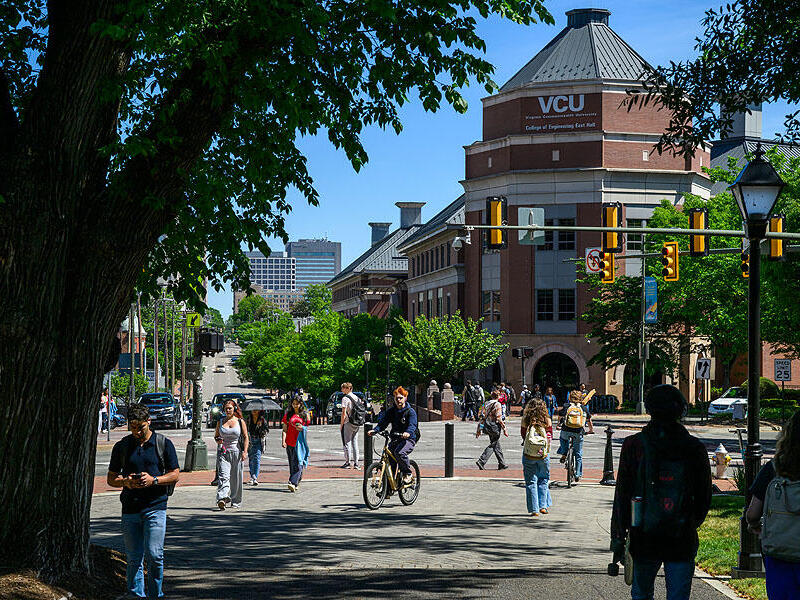 Students walk down a pathway.