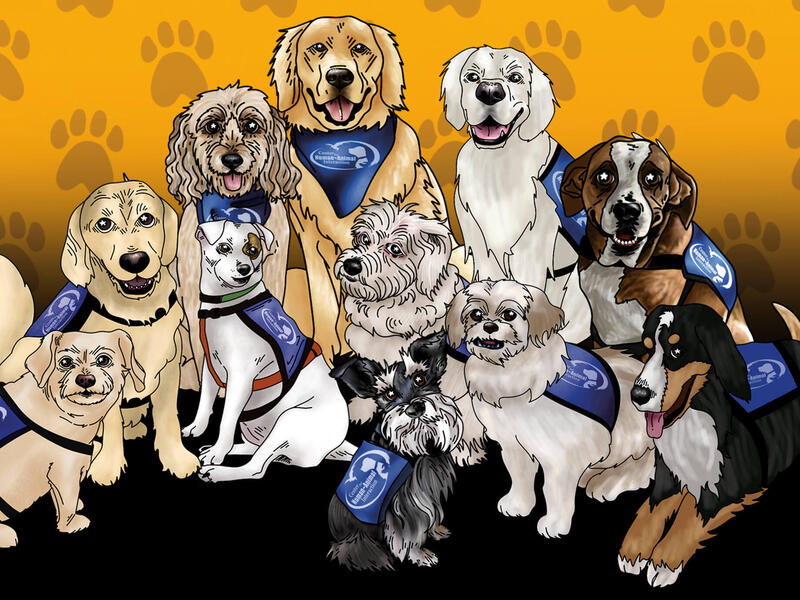 Illustration of dogs wearing therapy dog vests.