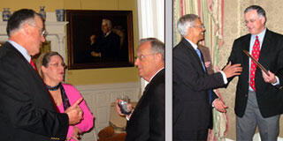 Above left: John Duval, his wife, Valli, and VCU President Eugene P. Trani, Ph.D. Above right: Dr. Rao Ivatury, chair of the Department of Surgery’s Division of Trauma, Critical Care and Emergency General Surgery, presents a plaque to John Duval, CEO of MCV Hospitals, during a reception celebrating the VCU Division of Trauma’s national verification as a Level I trauma center.