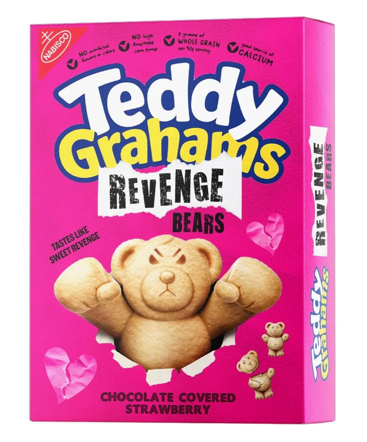 A box of Teddy Grahams with an illustration of a bear bursting through the box on it. 