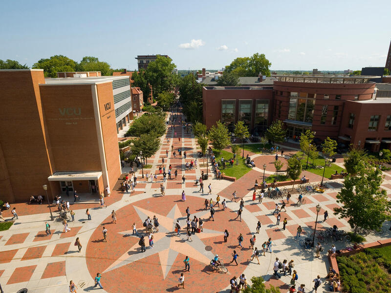 An overhead picture of VCU's Compass area, a courtyard filled with students.