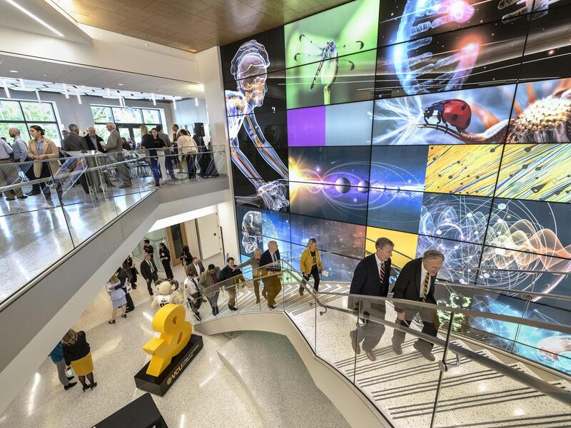 A photo of people walking up a stairwell with a mural on the side
