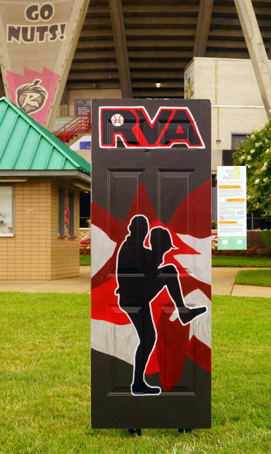 A door designed by sculpture major Lindsay Parnell is perched in front of The Diamond.