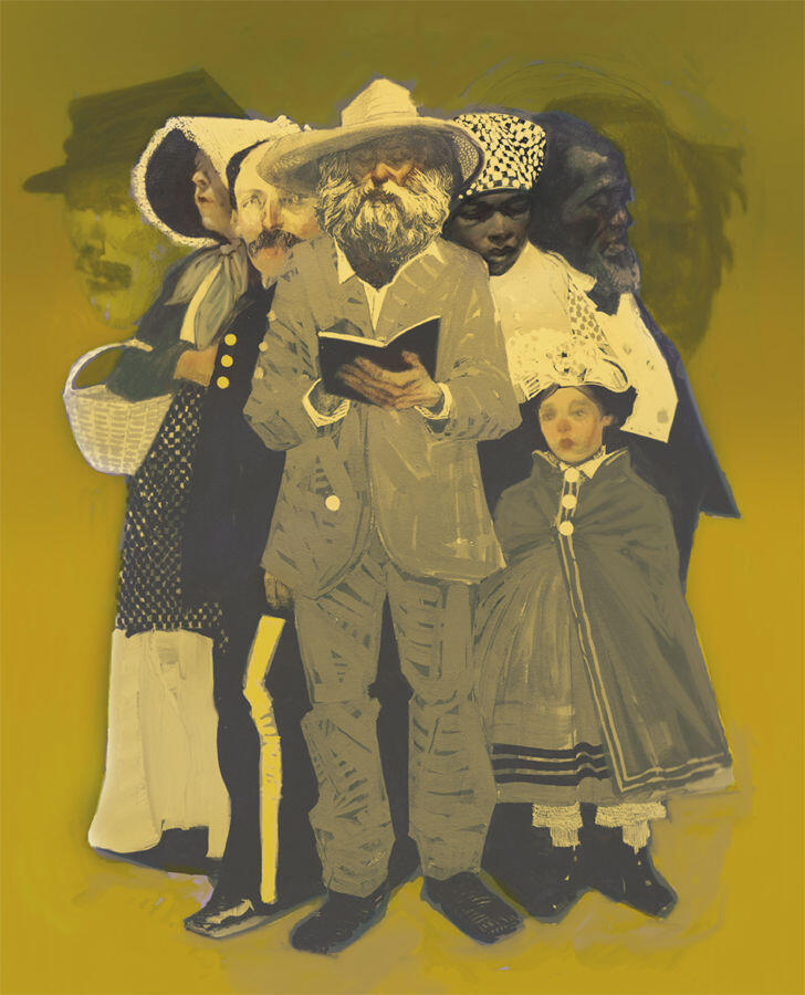 An illustration of seven adults and a child, the center five are standing.